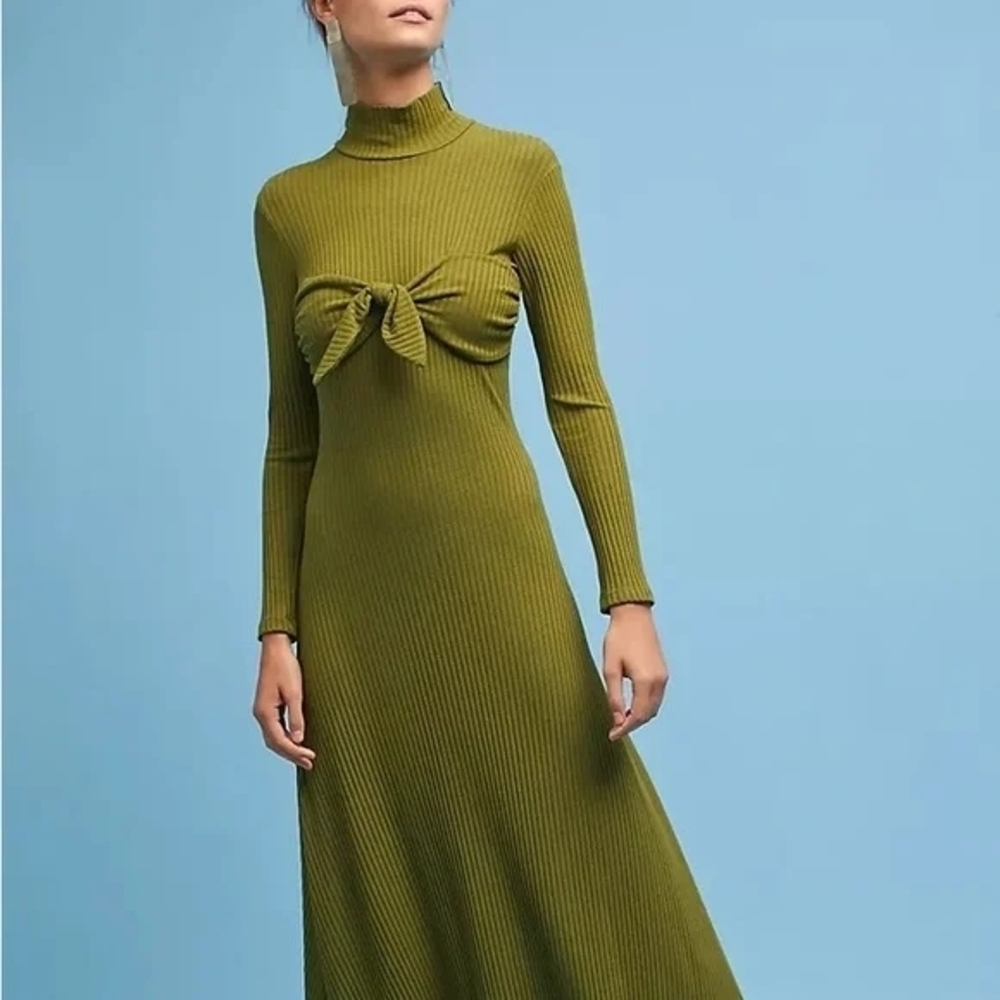 Mara Hoffman Olive Flo Rib Knit Tie Front Long Sleeve Midi Dress Medium